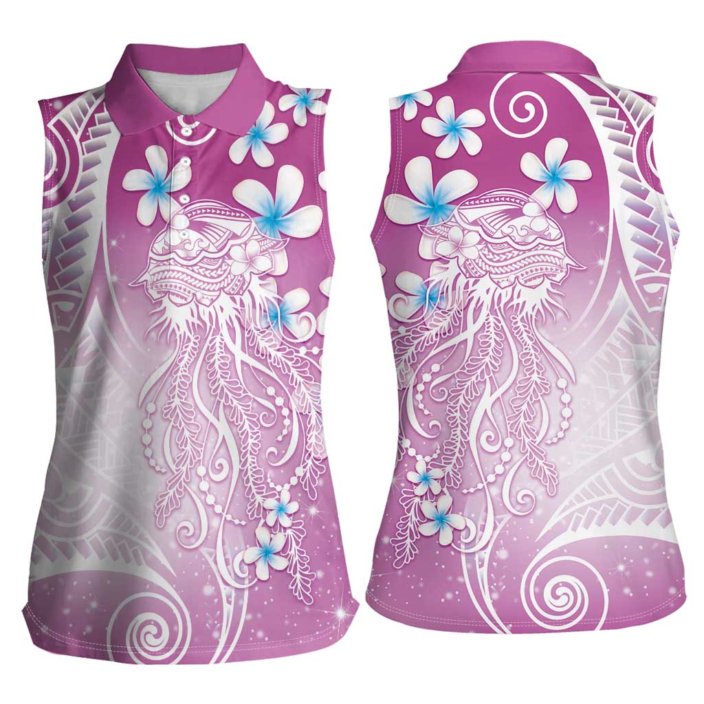 Polynesian Jellyfish Women Sleeveless Polo Shirt With Plumeria Pink