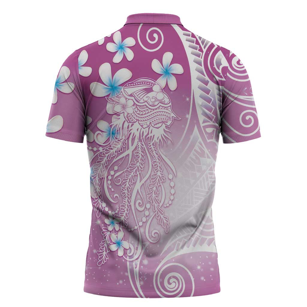Polynesian Jellyfish Zipper Polo Shirt With Plumeria Pink