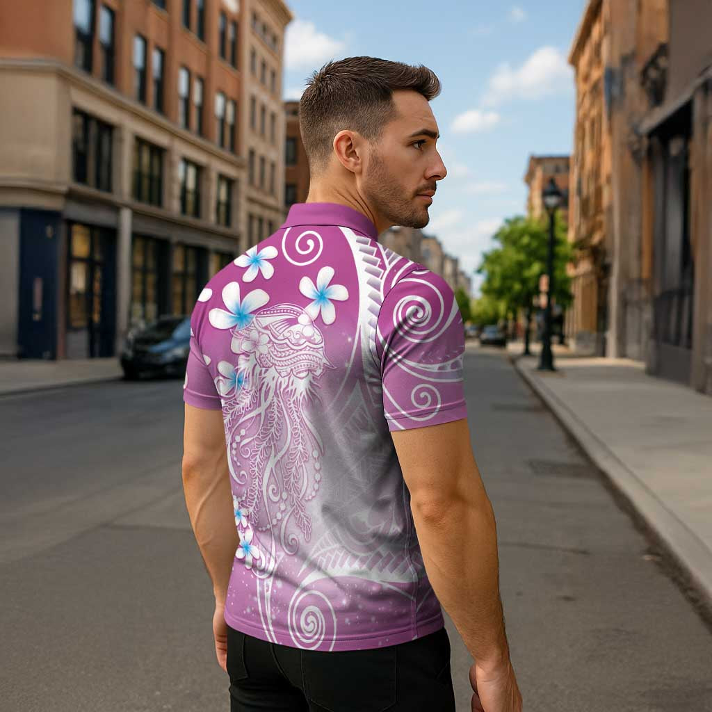 Polynesian Jellyfish Zipper Polo Shirt With Plumeria Pink