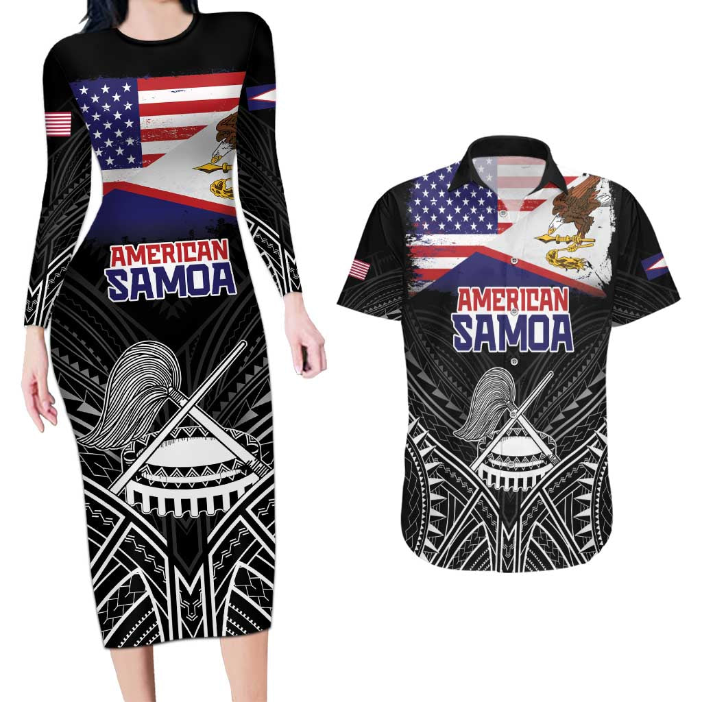 Personalised American Samoa Flag Day Couples Matching Long Sleeve Bodycon Dress and Hawaiian Shirt Bald Eagle With Polynesian Pattern LT05 Black - Polynesian Pride