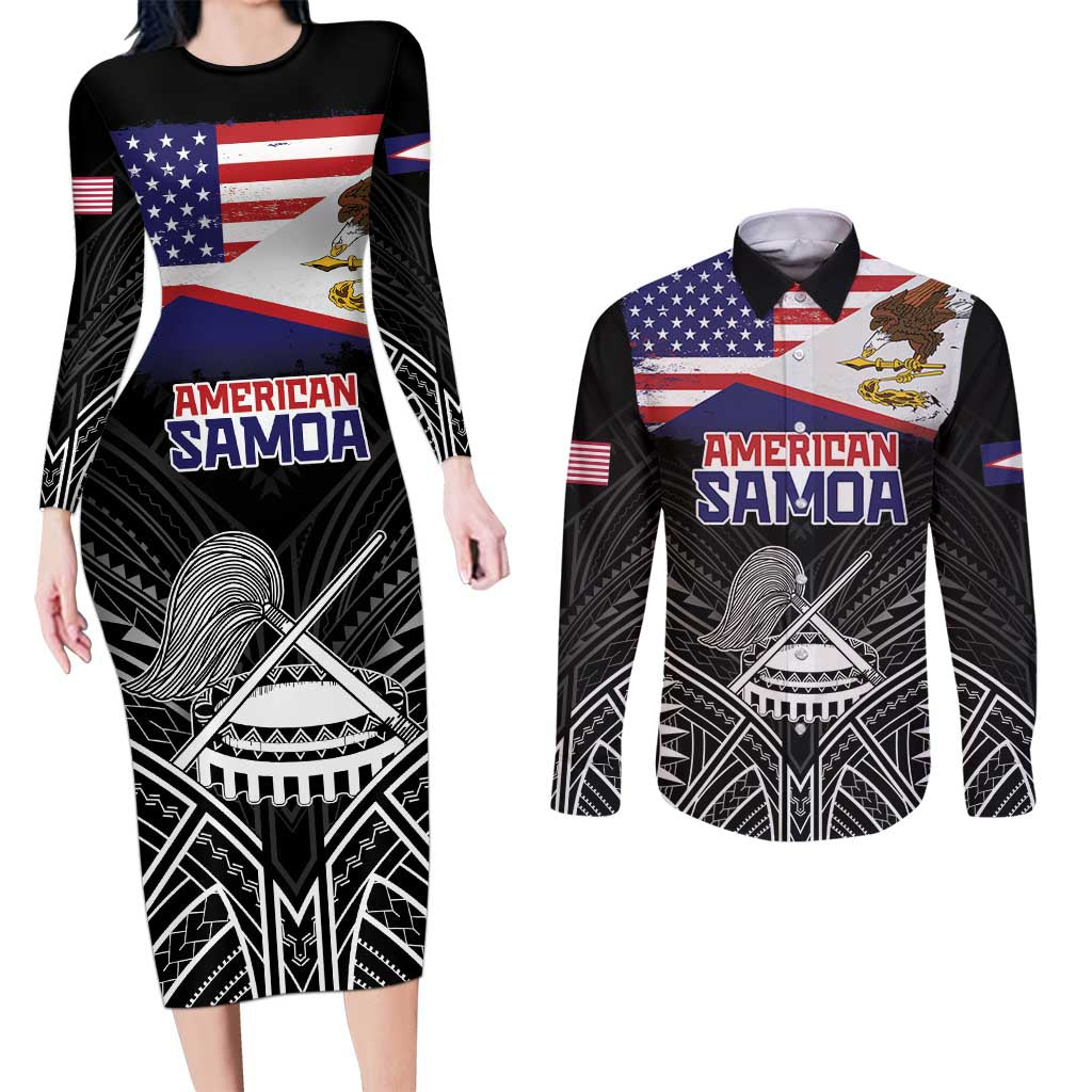 Personalised American Samoa Flag Day Couples Matching Long Sleeve Bodycon Dress and Long Sleeve Button Shirt Bald Eagle With Polynesian Pattern LT05 Black - Polynesian Pride