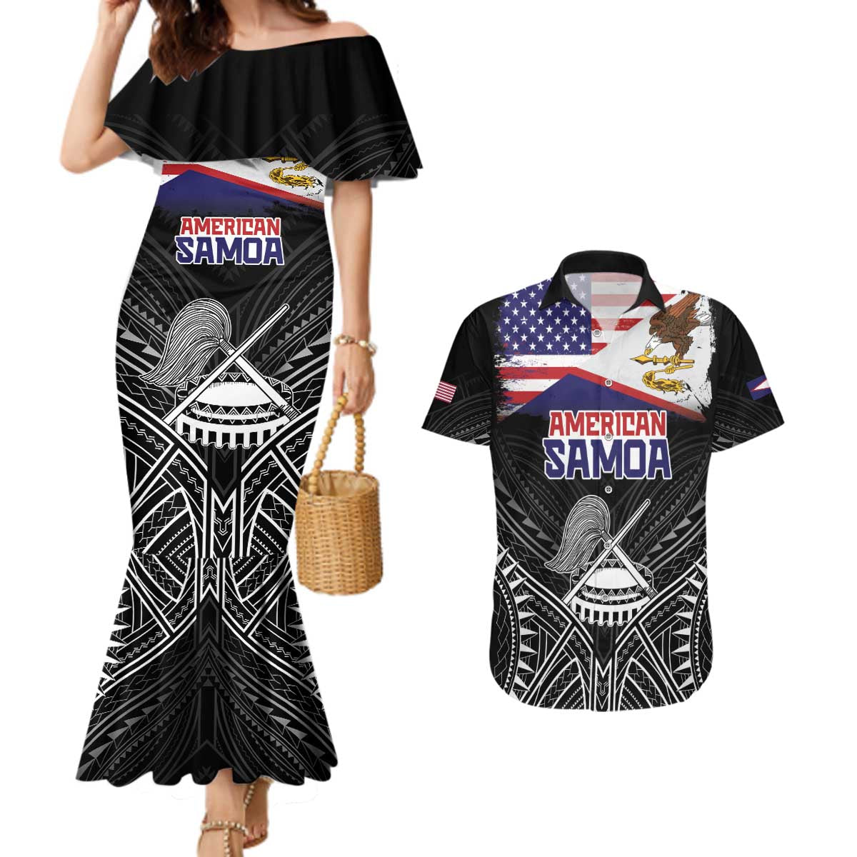Personalised American Samoa Flag Day Couples Matching Mermaid Dress and Hawaiian Shirt Bald Eagle With Polynesian Pattern LT05 Black - Polynesian Pride