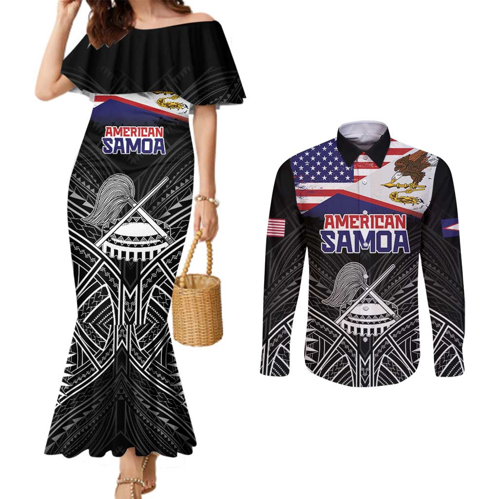 Personalised American Samoa Flag Day Couples Matching Mermaid Dress and Long Sleeve Button Shirt Bald Eagle With Polynesian Pattern LT05 Black - Polynesian Pride