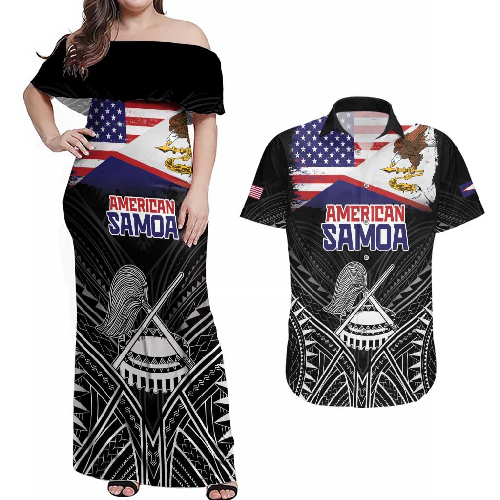 Personalised American Samoa Flag Day Couples Matching Off Shoulder Maxi Dress and Hawaiian Shirt Bald Eagle With Polynesian Pattern LT05 Black - Polynesian Pride