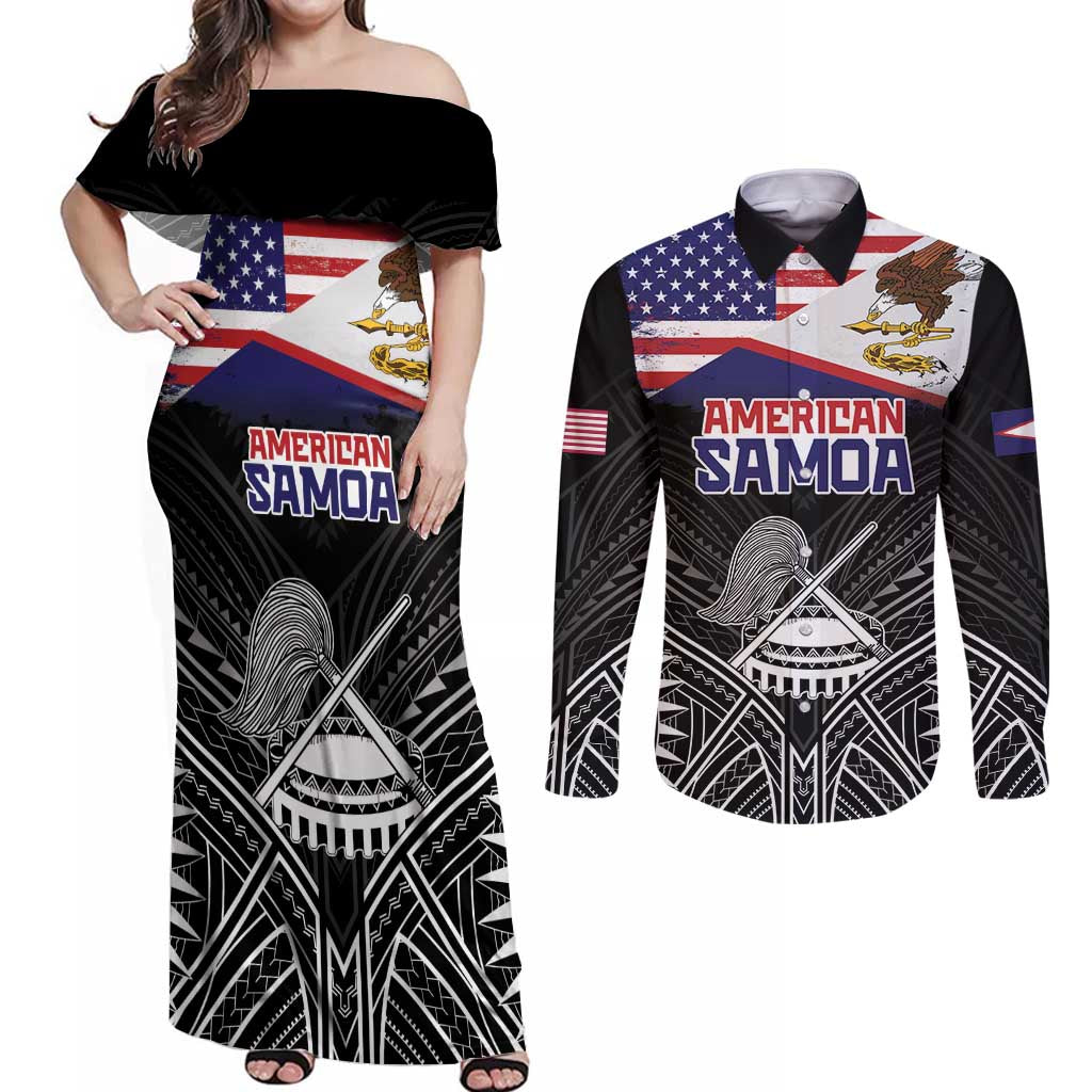 American Samoa Flag Day Couples Matching Off Shoulder Maxi Dress and Long Sleeve Button Shirt Bald Eagle With Polynesian Pattern