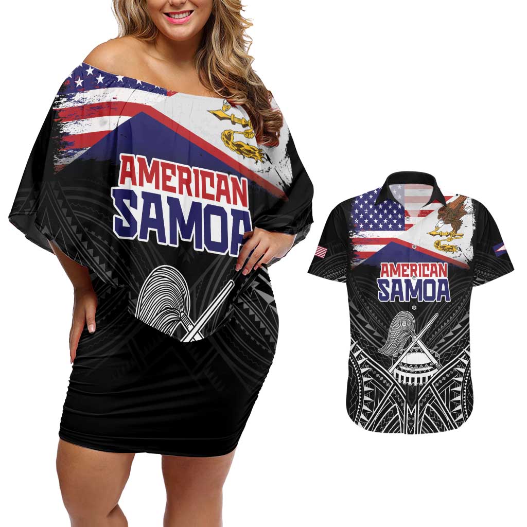 Personalised American Samoa Flag Day Couples Matching Off Shoulder Short Dress and Hawaiian Shirt Bald Eagle With Polynesian Pattern LT05 Black - Polynesian Pride