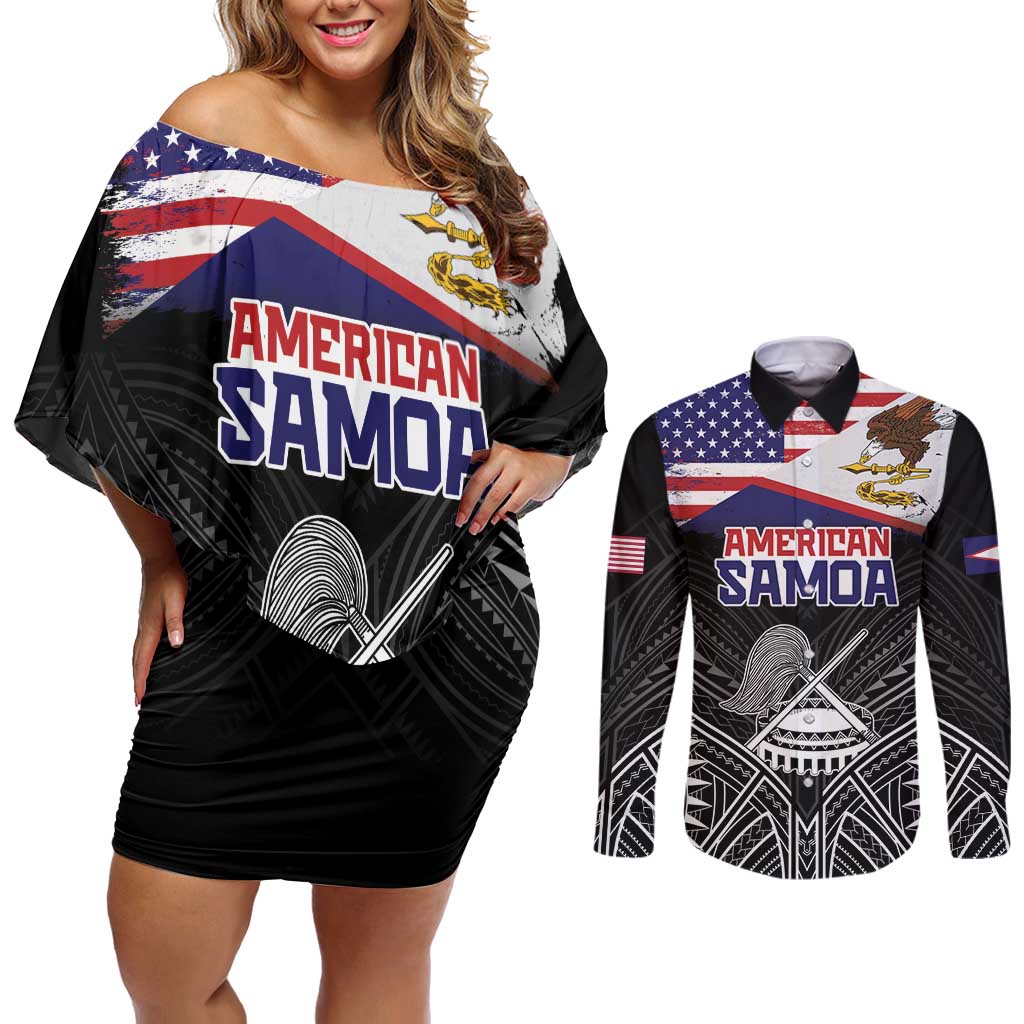 Personalised American Samoa Flag Day Couples Matching Off Shoulder Short Dress and Long Sleeve Button Shirt Bald Eagle With Polynesian Pattern LT05 Black - Polynesian Pride