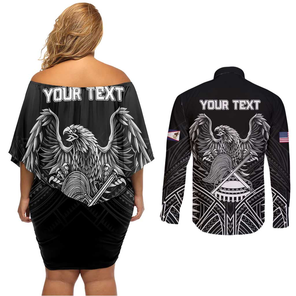 American Samoa Flag Day Couples Matching Off Shoulder Short Dress and Long Sleeve Button Shirt Bald Eagle With Polynesian Pattern