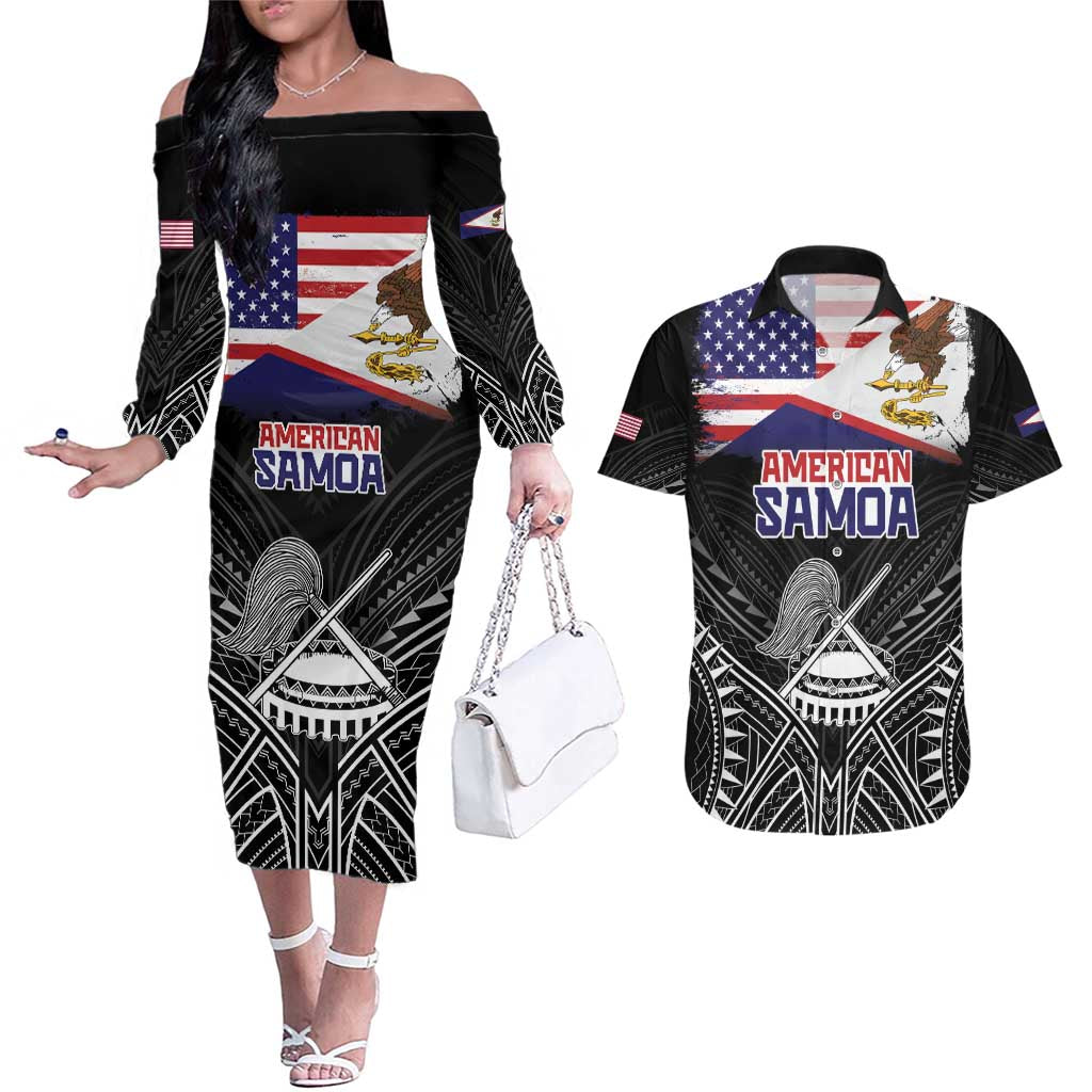 Personalised American Samoa Flag Day Couples Matching Off The Shoulder Long Sleeve Dress and Hawaiian Shirt Bald Eagle With Polynesian Pattern LT05 Black - Polynesian Pride