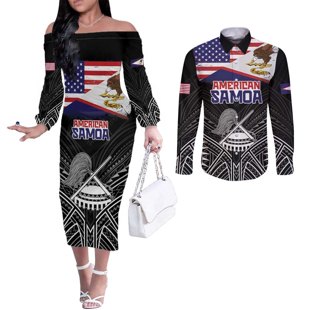 Personalised American Samoa Flag Day Couples Matching Off The Shoulder Long Sleeve Dress and Long Sleeve Button Shirt Bald Eagle With Polynesian Pattern LT05 Black - Polynesian Pride