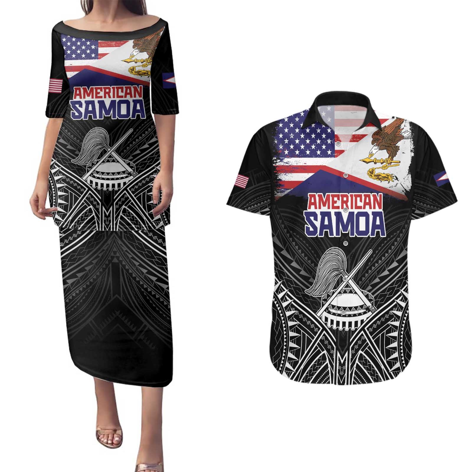 Personalised American Samoa Flag Day Couples Matching Puletasi and Hawaiian Shirt Bald Eagle With Polynesian Pattern LT05 Black - Polynesian Pride