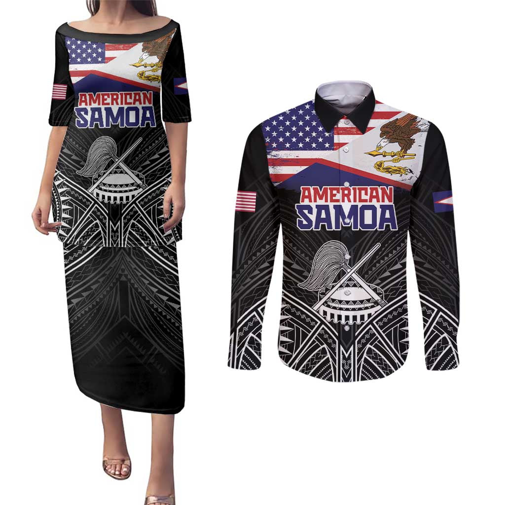 Personalised American Samoa Flag Day Couples Matching Puletasi and Long Sleeve Button Shirt Bald Eagle With Polynesian Pattern LT05 Black - Polynesian Pride
