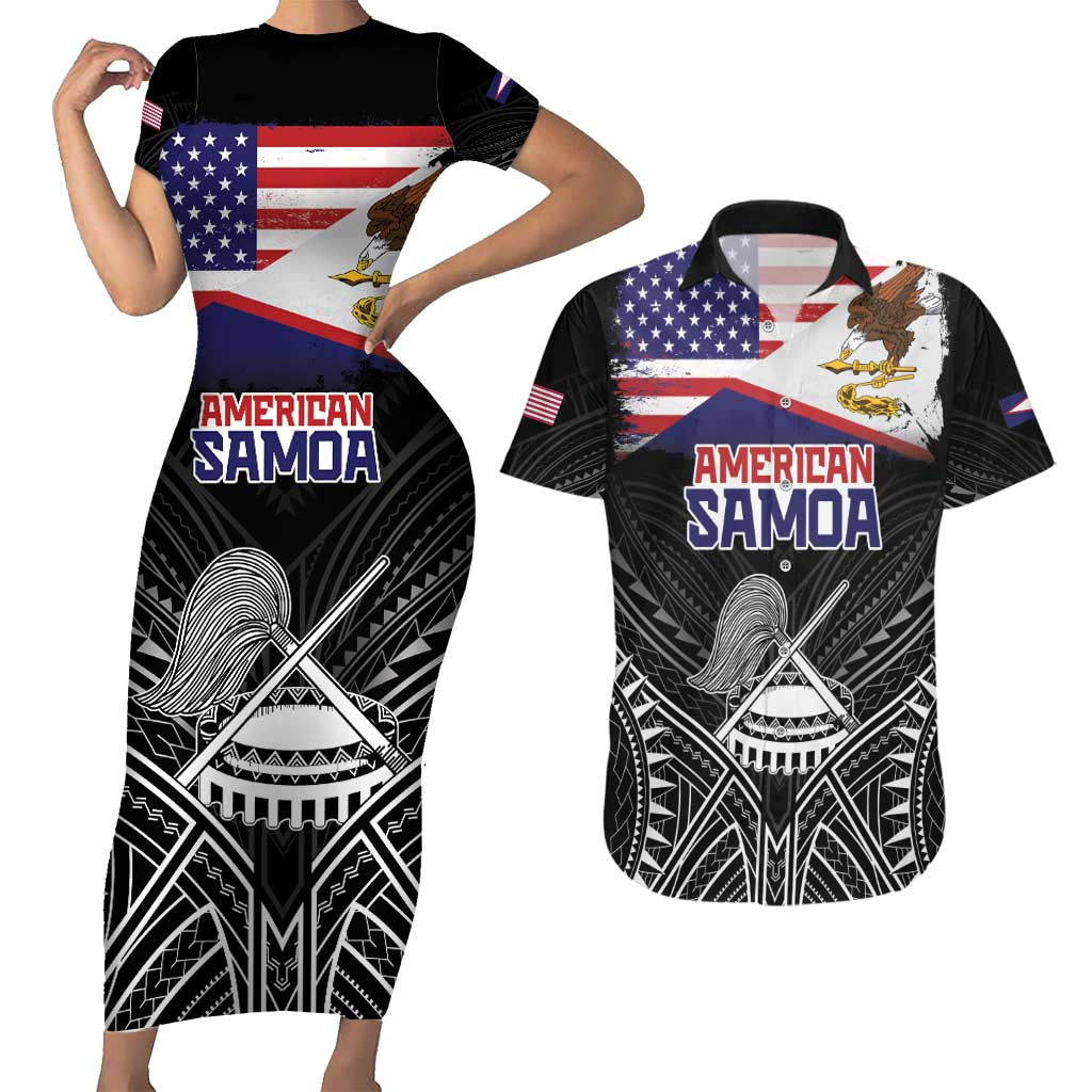 Personalised American Samoa Flag Day Couples Matching Short Sleeve Bodycon Dress and Hawaiian Shirt Bald Eagle With Polynesian Pattern LT05 Black - Polynesian Pride