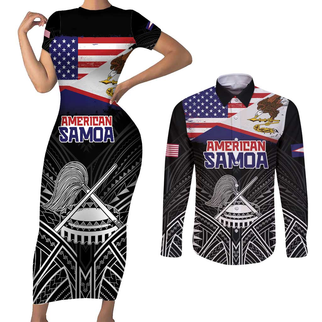 Personalised American Samoa Flag Day Couples Matching Short Sleeve Bodycon Dress and Long Sleeve Button Shirt Bald Eagle With Polynesian Pattern LT05 Black - Polynesian Pride