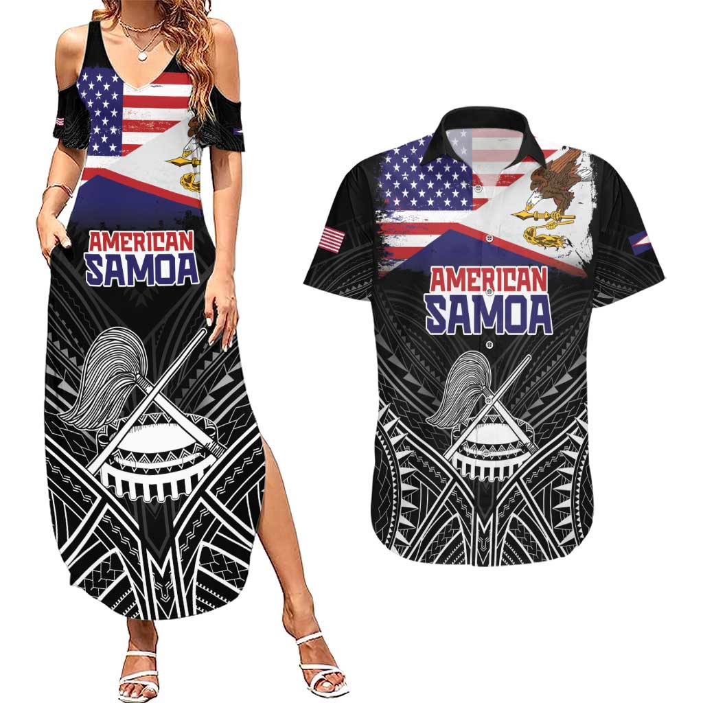 Personalised American Samoa Flag Day Couples Matching Summer Maxi Dress and Hawaiian Shirt Bald Eagle With Polynesian Pattern LT05 Black - Polynesian Pride