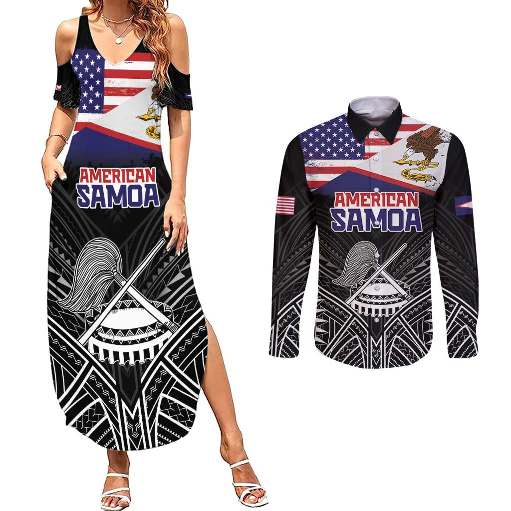Personalised American Samoa Flag Day Couples Matching Summer Maxi Dress and Long Sleeve Button Shirt Bald Eagle With Polynesian Pattern LT05 Black - Polynesian Pride