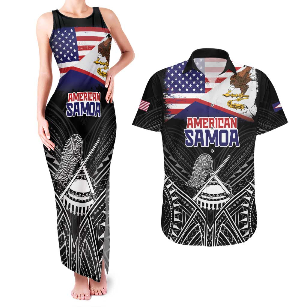 Personalised American Samoa Flag Day Couples Matching Tank Maxi Dress and Hawaiian Shirt Bald Eagle With Polynesian Pattern LT05 Black - Polynesian Pride