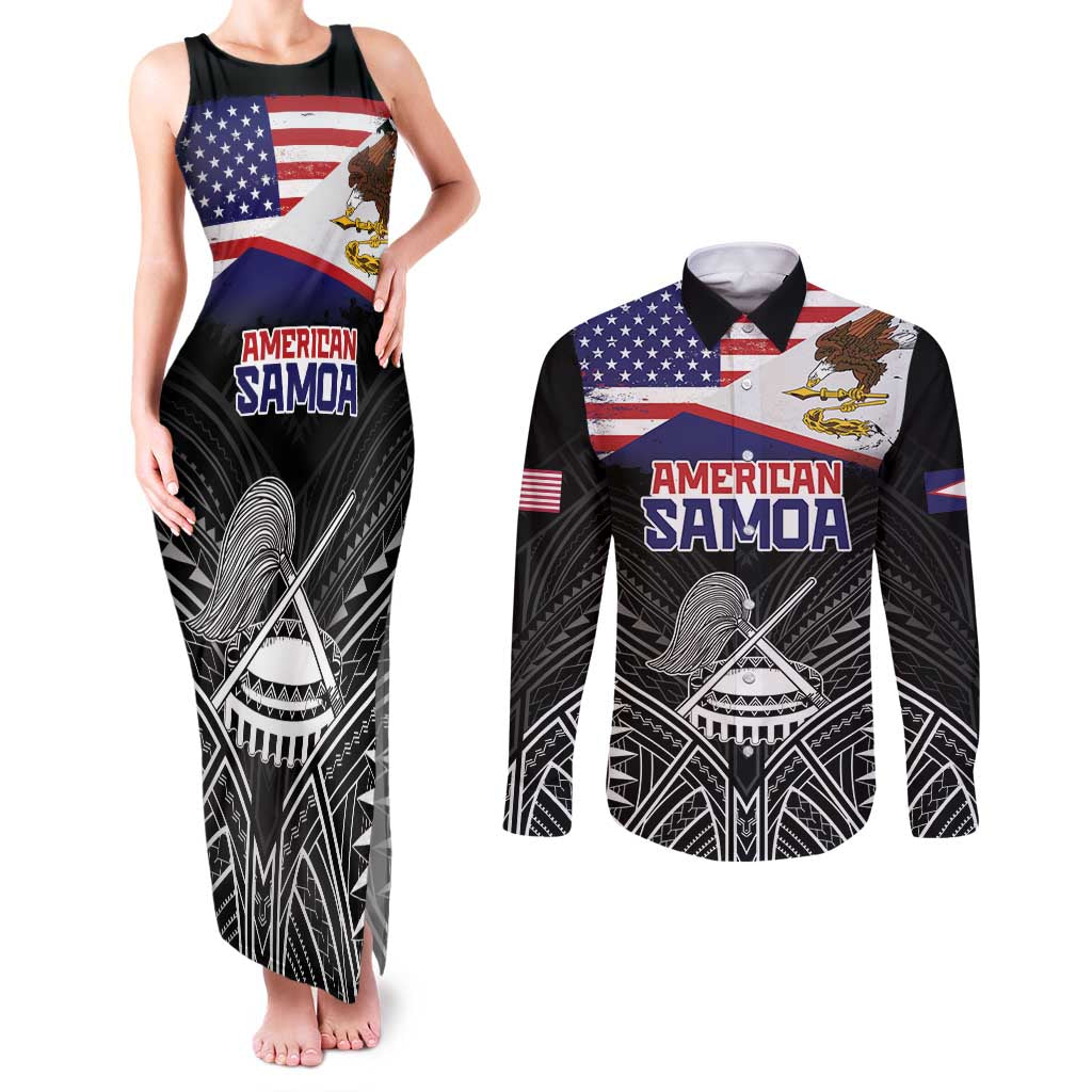 Personalised American Samoa Flag Day Couples Matching Tank Maxi Dress and Long Sleeve Button Shirt Bald Eagle With Polynesian Pattern LT05 Black - Polynesian Pride