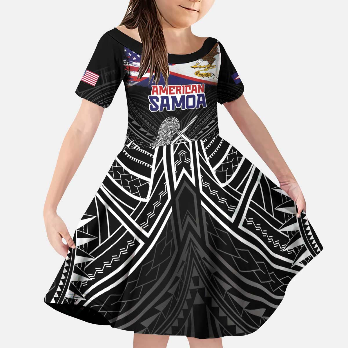American Samoa Flag Day Kid Short Sleeve Dress Bald Eagle With Polynesian Pattern