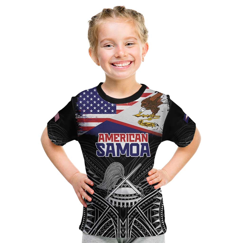 Personalised American Samoa Flag Day Kid T Shirt Bald Eagle With Polynesian Pattern LT05 Black - Polynesian Pride