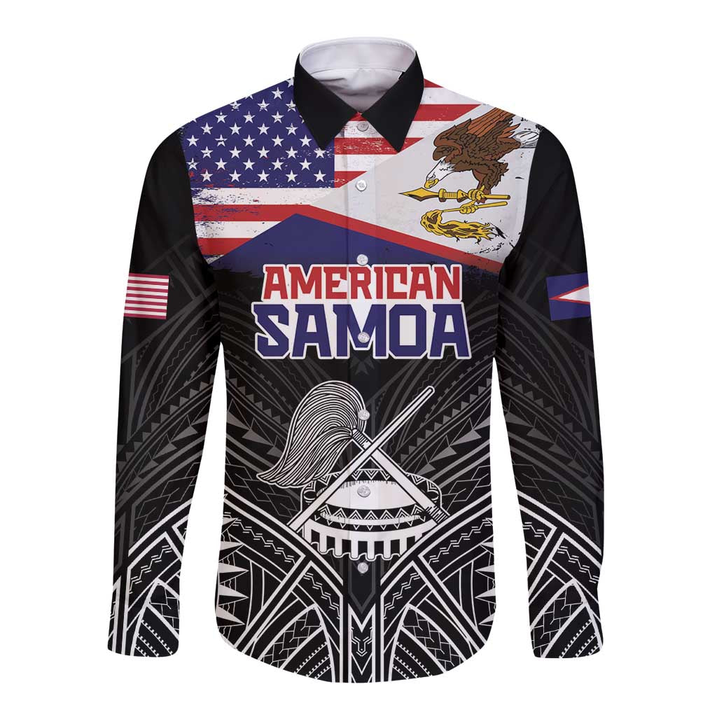 Personalised American Samoa Flag Day Long Sleeve Button Shirt Bald Eagle With Polynesian Pattern LT05 Unisex Black - Polynesian Pride