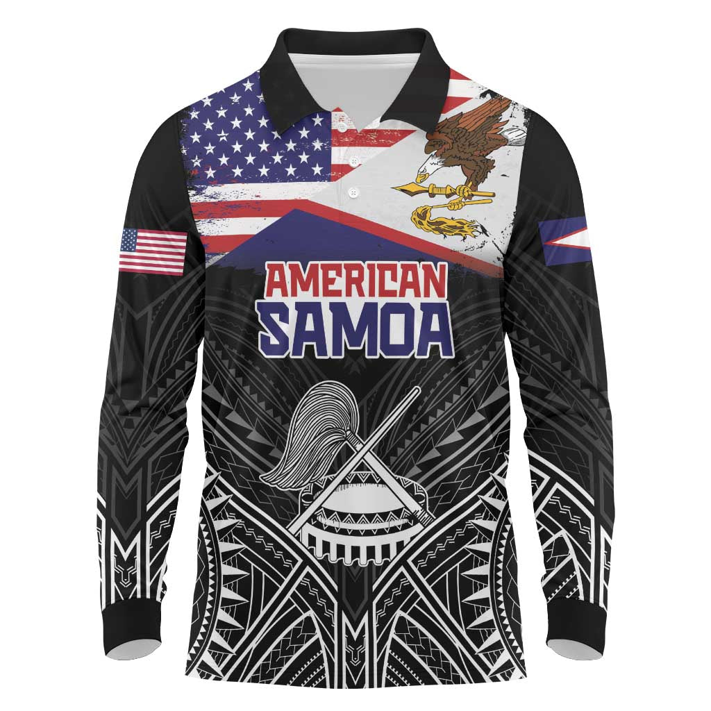 Personalised American Samoa Flag Day Long Sleeve Polo Shirt Bald Eagle With Polynesian Pattern LT05 Black - Polynesian Pride