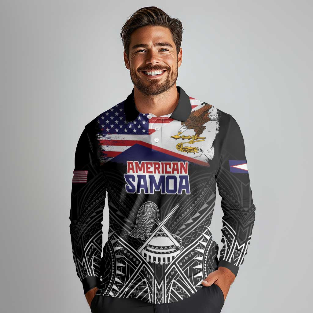 American Samoa Flag Day Long Sleeve Polo Shirt Bald Eagle With Polynesian Pattern