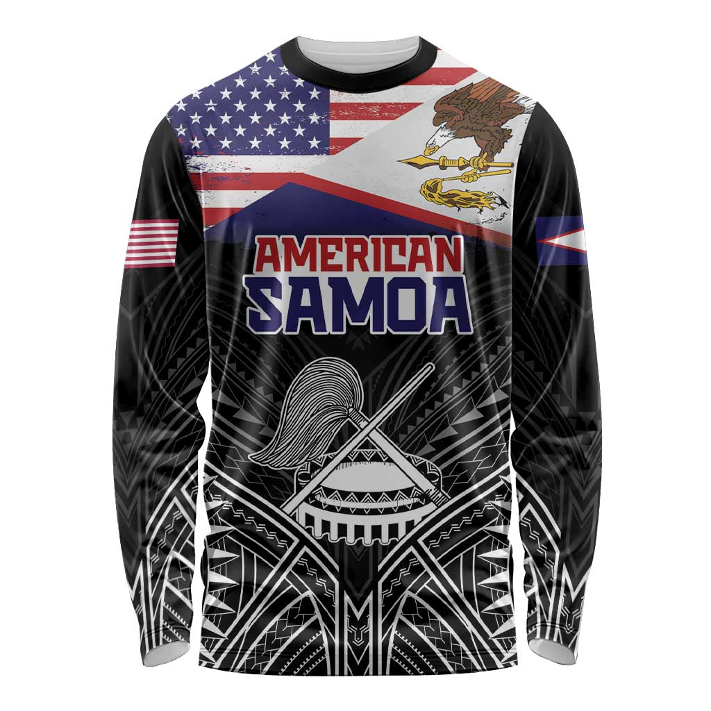 Personalised American Samoa Flag Day Long Sleeve Shirt Bald Eagle With Polynesian Pattern LT05 Unisex Black - Polynesian Pride