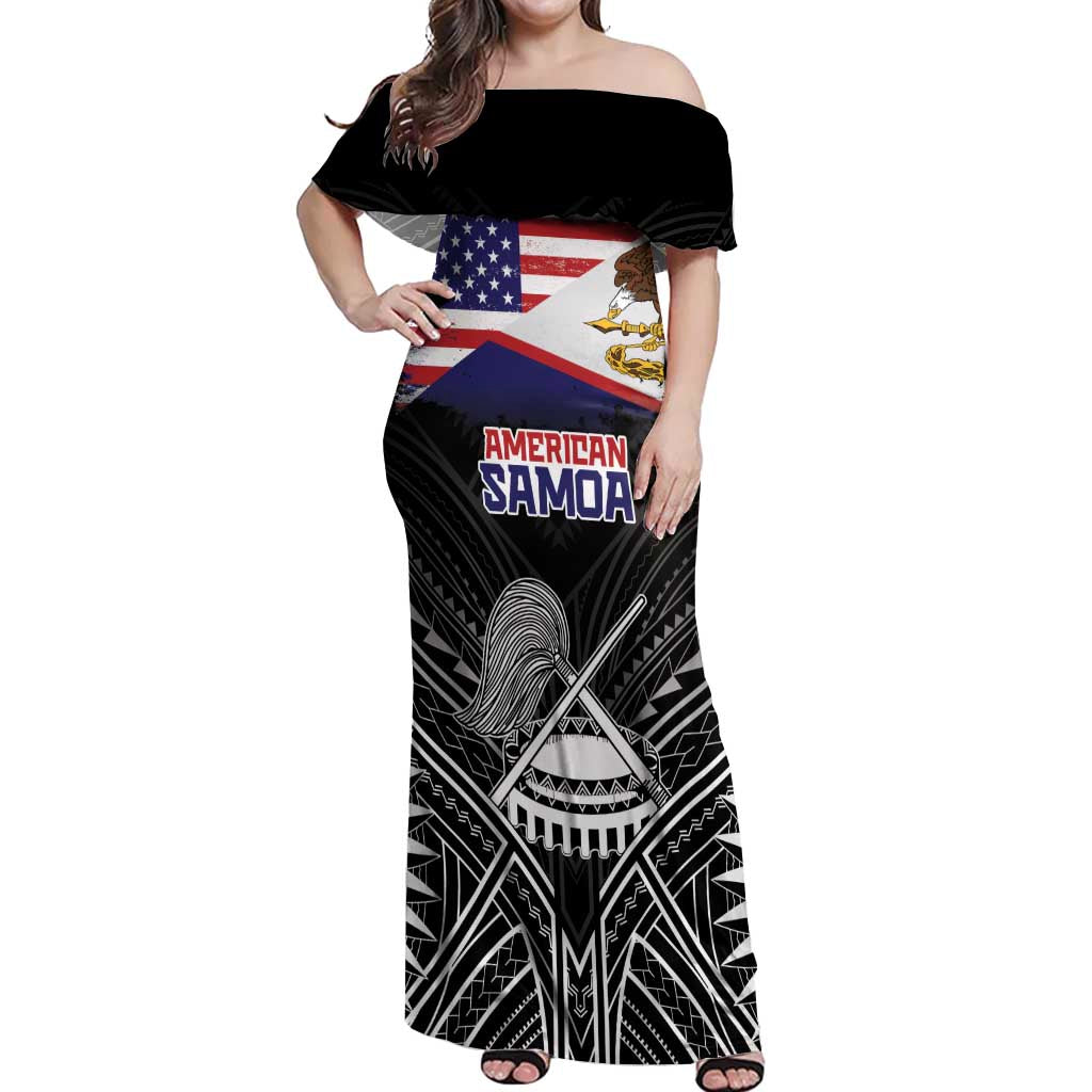 American Samoa Flag Day Off Shoulder Maxi Dress Bald Eagle With Polynesian Pattern