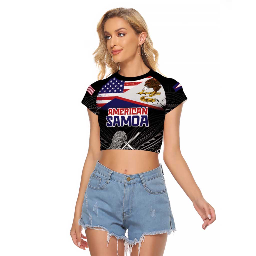 Personalised American Samoa Flag Day Raglan Cropped T Shirt Bald Eagle With Polynesian Pattern LT05 Female Black - Polynesian Pride