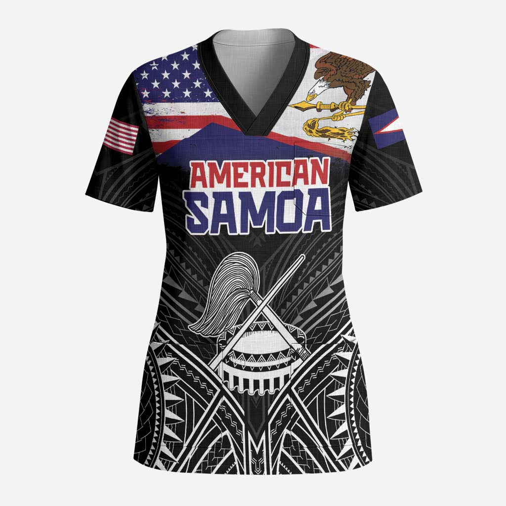 Personalised American Samoa Flag Day Scrub Top Bald Eagle With Polynesian Pattern - Polynesian Pride