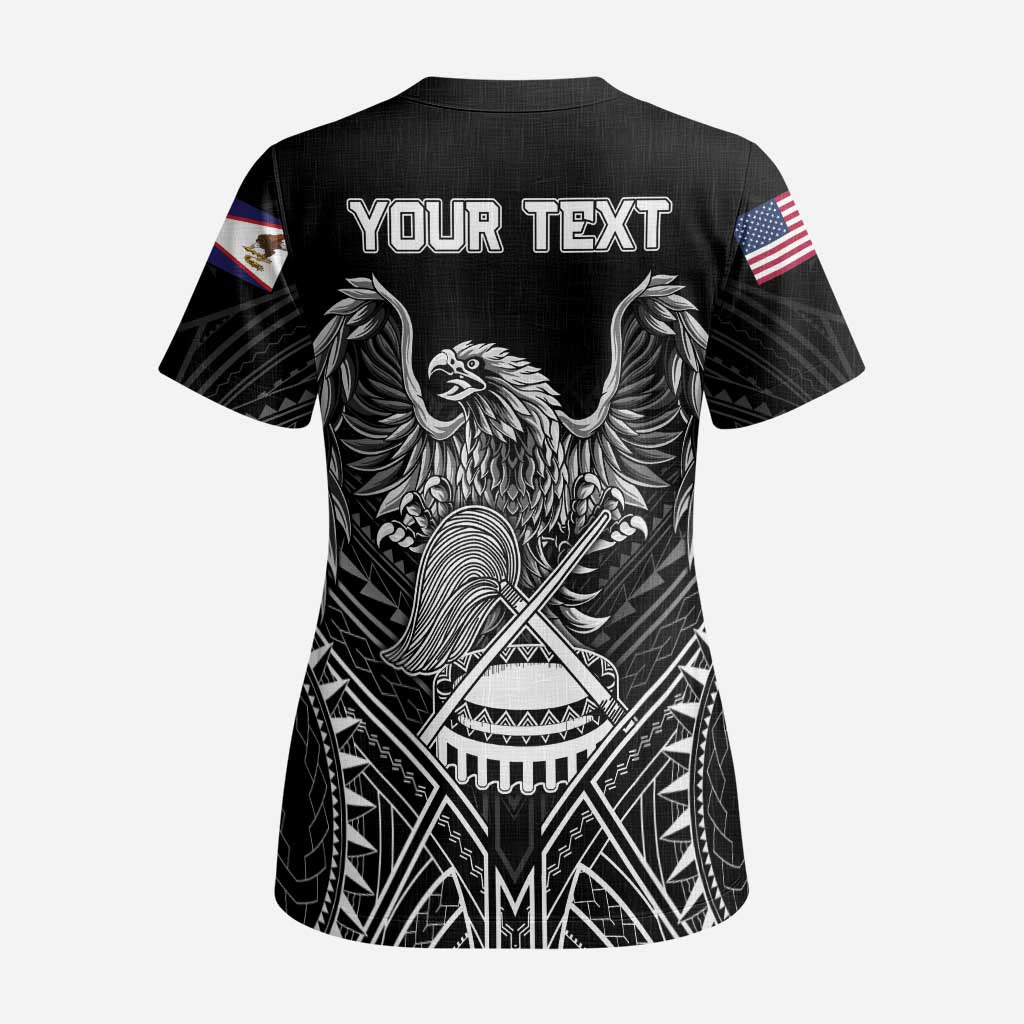 Personalised American Samoa Flag Day Scrub Top Bald Eagle With Polynesian Pattern - Polynesian Pride