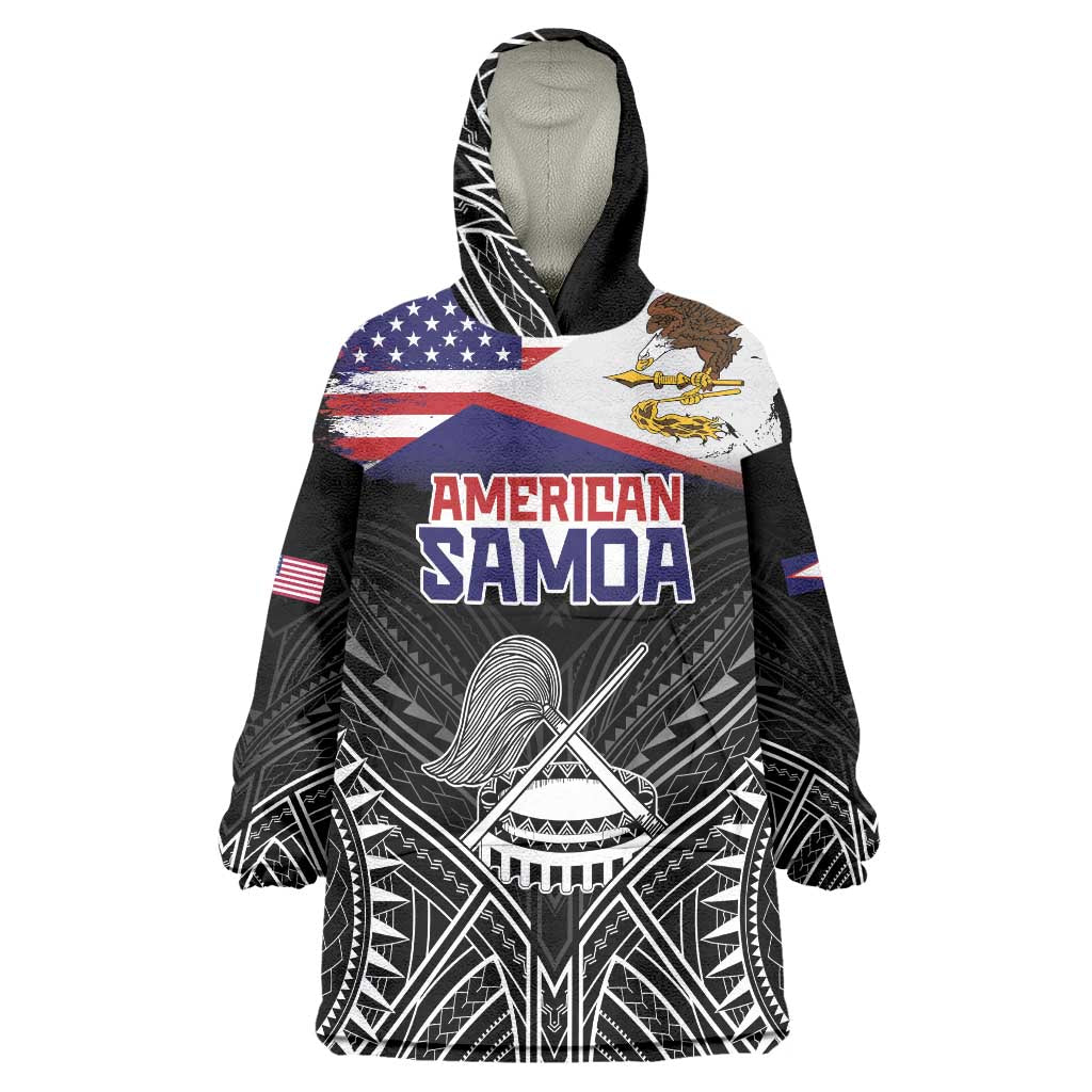 Personalised American Samoa Flag Day Wearable Blanket Hoodie Bald Eagle With Polynesian Pattern LT05 One Size Black - Polynesian Pride