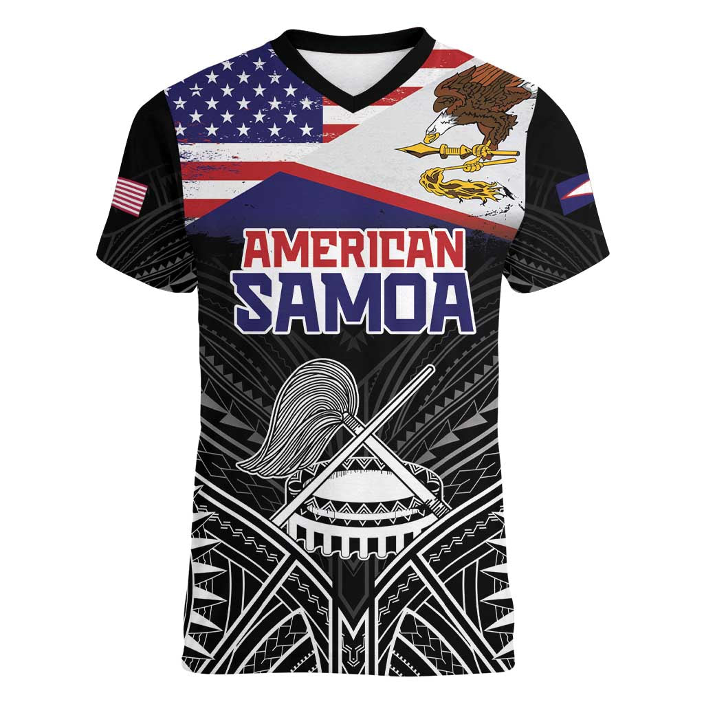 Personalised American Samoa Flag Day Women V-Neck T-Shirt Bald Eagle With Polynesian Pattern LT05 Female Black - Polynesian Pride
