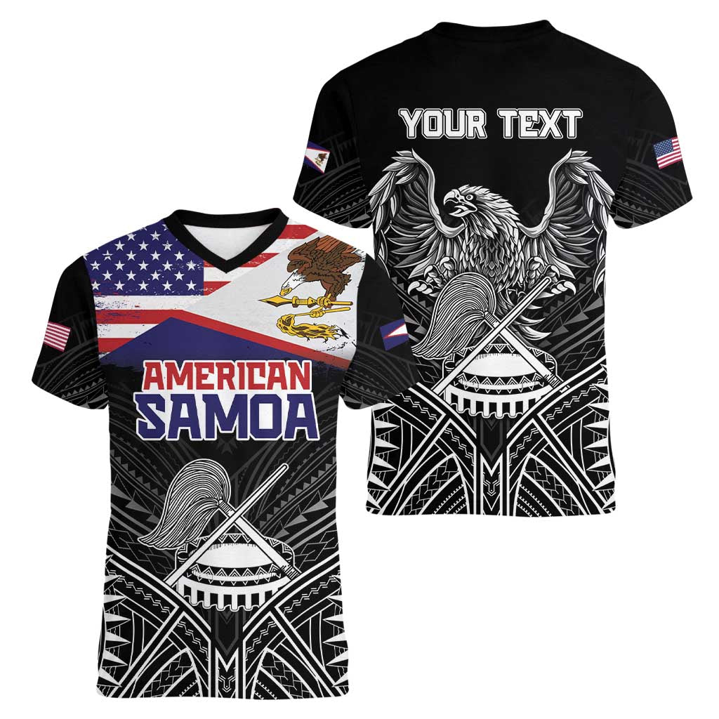American Samoa Flag Day Women V-Neck T-Shirt Bald Eagle With Polynesian Pattern
