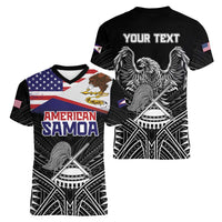 American Samoa Flag Day Women V-Neck T-Shirt Bald Eagle With Polynesian Pattern