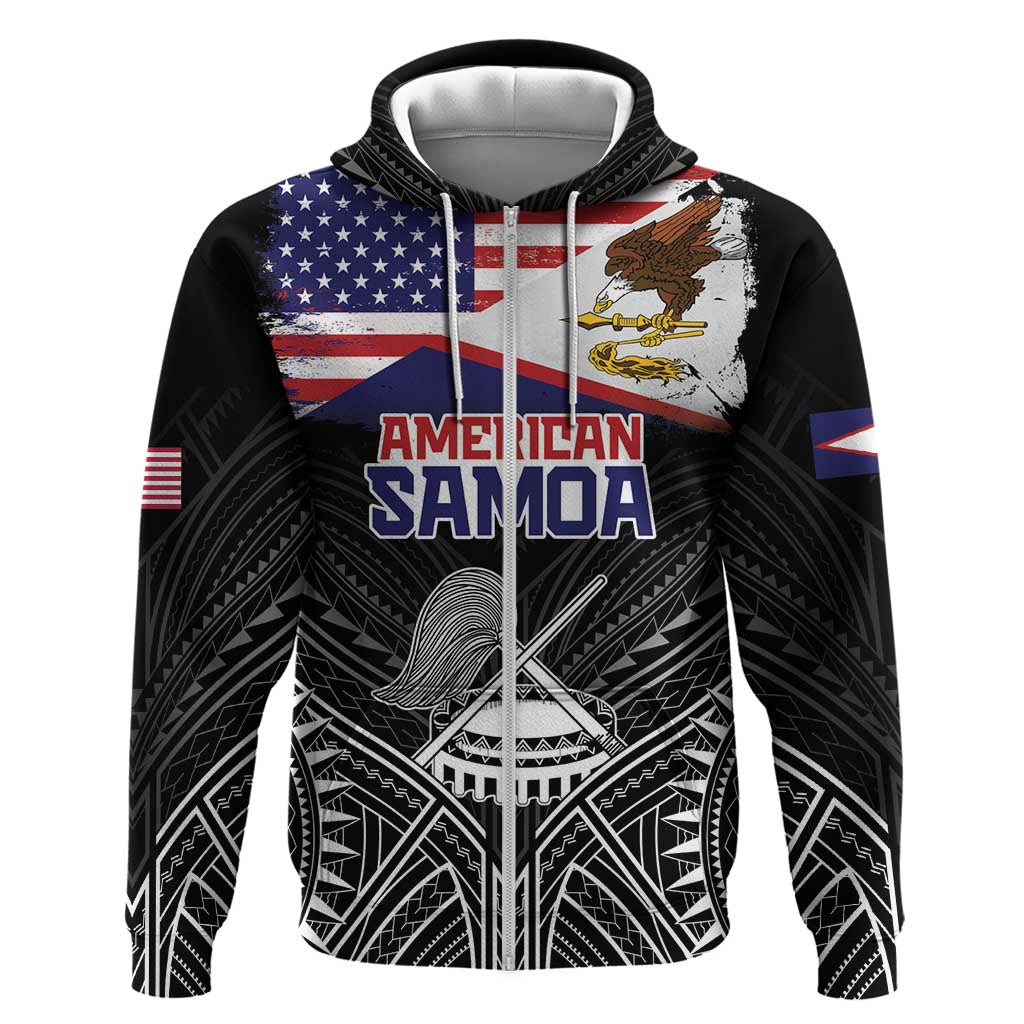 Personalised American Samoa Flag Day Zip Hoodie Bald Eagle With Polynesian Pattern LT05 Zip Hoodie Black - Polynesian Pride