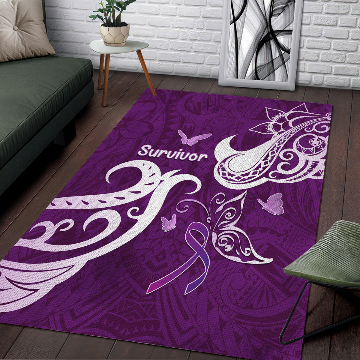 Fibromyalgia Awareness Area Rug Polynesian Purple Ribbon