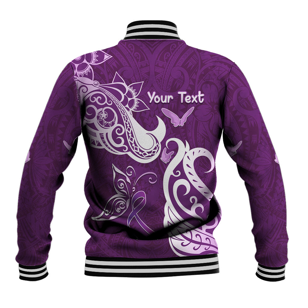 Personalised Fibromyalgia Awareness Baseball Jacket Polynesian Purple Ribbon