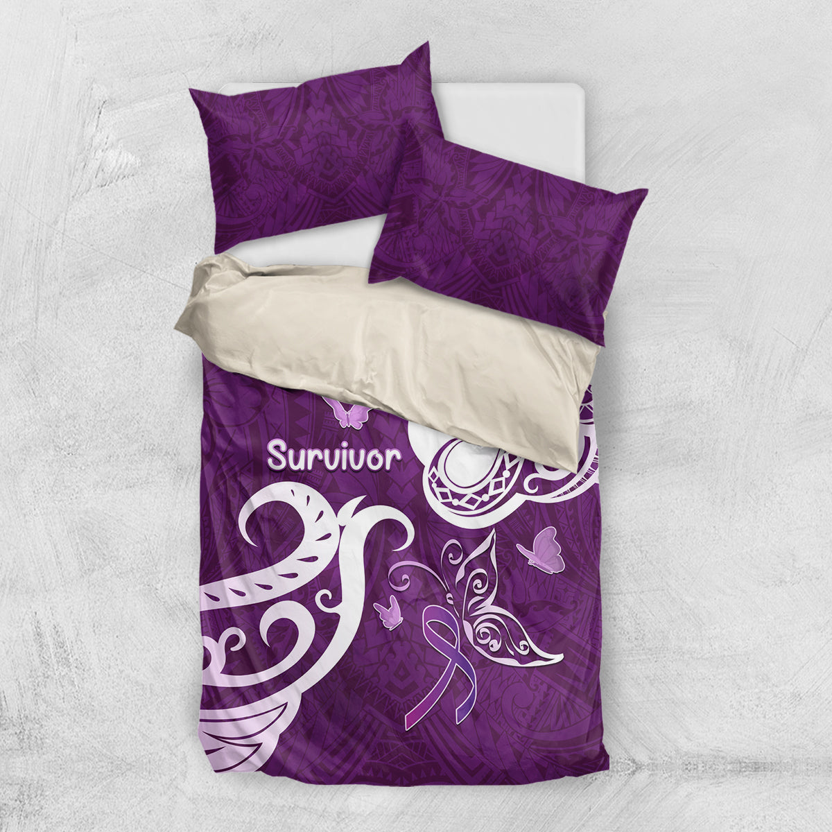 Fibromyalgia Awareness Bedding Set Polynesian Purple Ribbon