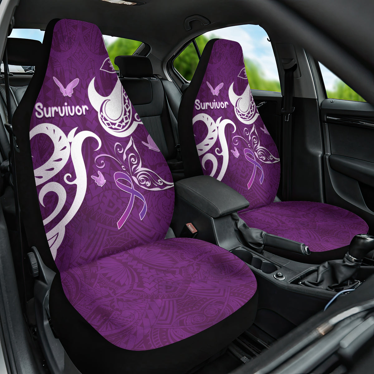 Fibromyalgia Awareness Car Seat Cover Polynesian Purple Ribbon