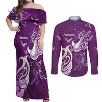 Personalised Fibromyalgia Awareness Couples Matching Off Shoulder Maxi Dress and Long Sleeve Button Shirt Polynesian Purple Ribbon