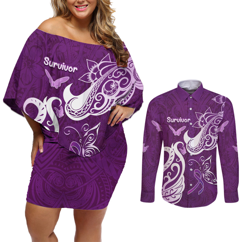 Personalised Fibromyalgia Awareness Couples Matching Off Shoulder Short Dress and Long Sleeve Button Shirt Polynesian Purple Ribbon