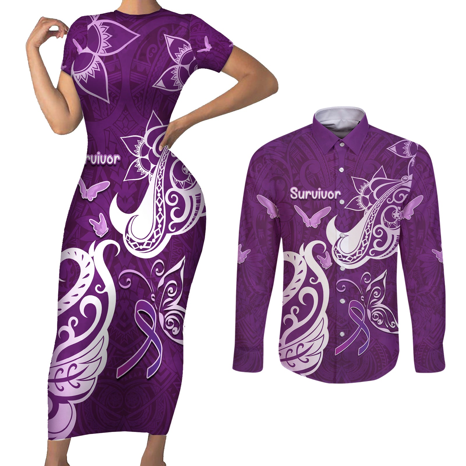 Personalised Fibromyalgia Awareness Couples Matching Short Sleeve Bodycon Dress and Long Sleeve Button Shirt Polynesian Purple Ribbon