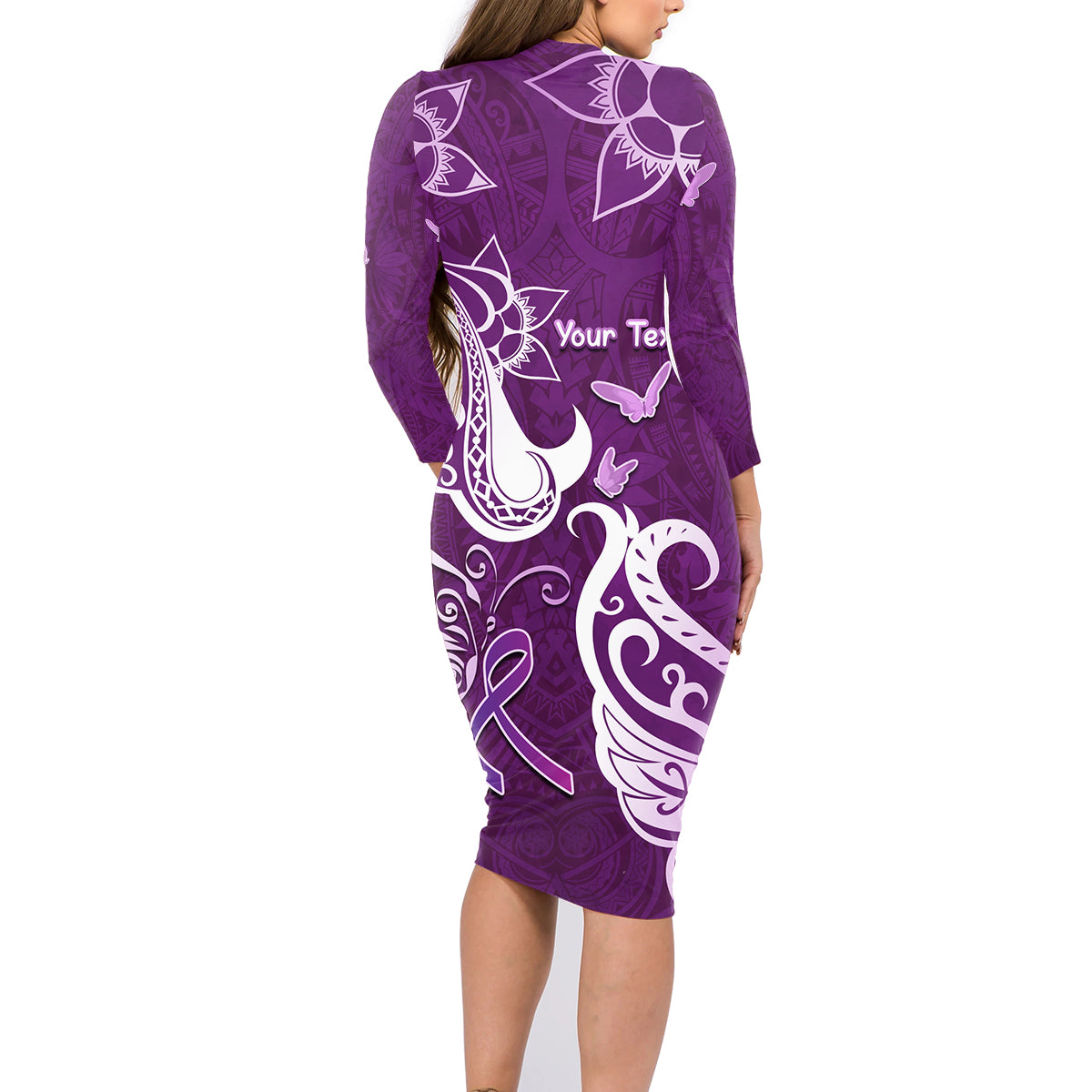 Personalised Fibromyalgia Awareness Family Matching Long Sleeve Bodycon Dress and Hawaiian Shirt Polynesian Purple Ribbon