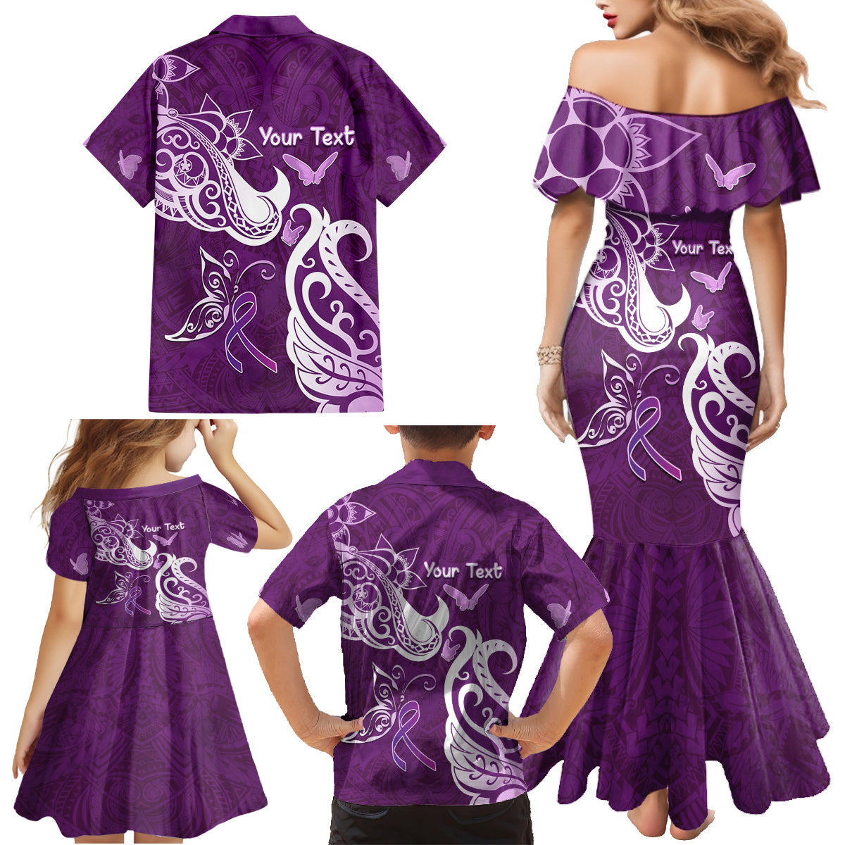 Personalised Fibromyalgia Awareness Family Matching Mermaid Dress and Hawaiian Shirt Polynesian Purple Ribbon