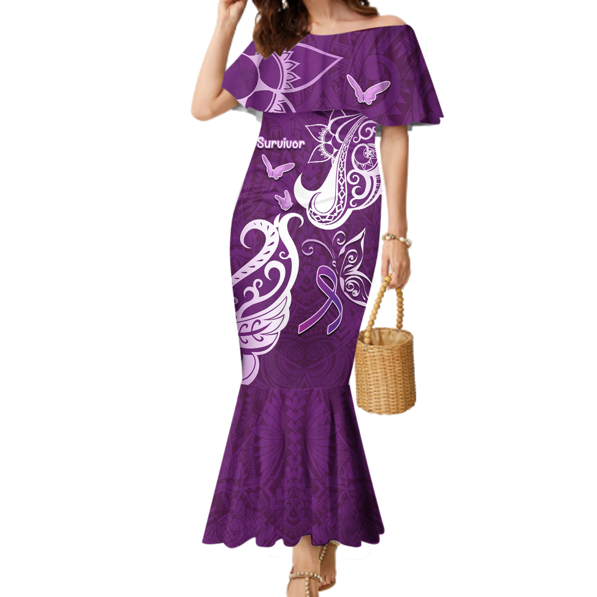 Personalised Fibromyalgia Awareness Family Matching Mermaid Dress and Hawaiian Shirt Polynesian Purple Ribbon