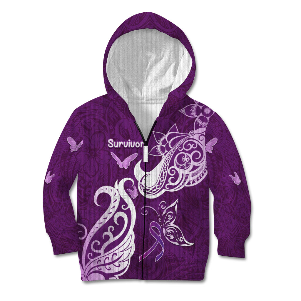 Personalised Fibromyalgia Awareness Kid Hoodie Polynesian Purple Ribbon