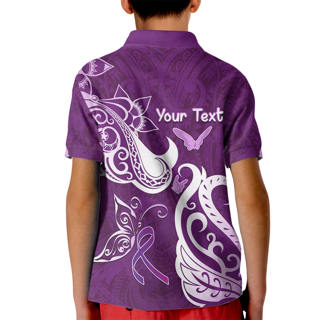 Personalised Fibromyalgia Awareness Kid Polo Shirt Polynesian Purple Ribbon