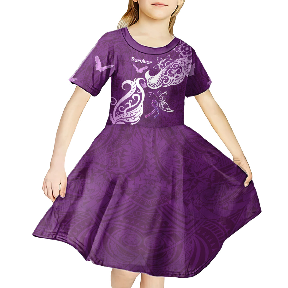 Personalised Fibromyalgia Awareness Kid Short Sleeve Dress Polynesian Purple Ribbon